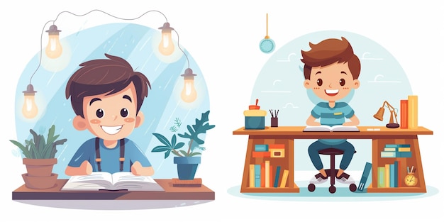 Vector a cartoon of a boy and a boy sitting at a desk with a book and a book with a plant on it