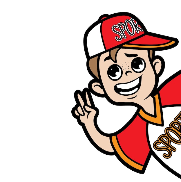 Cartoon boy in cap showing victory sign outline for coloring on a white background