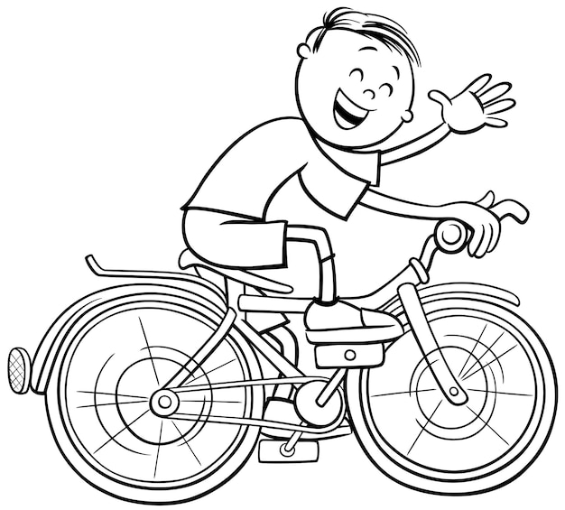 Cartoon boy character riding a bicycle coloring page