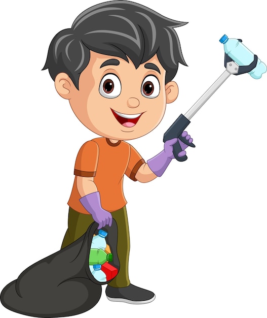 Cartoon boy collecting plastic garbage with litter stick