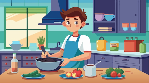 Vector a cartoon boy cooking in a kitchen with a bowl of food