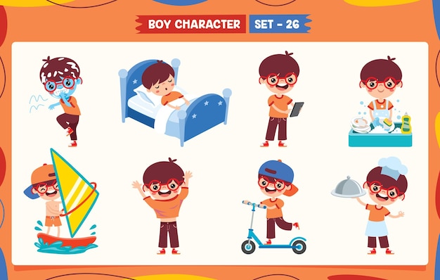 Cartoon Boy Doing Various Activities