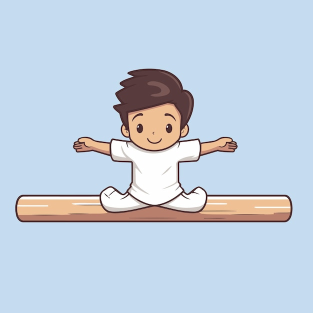 Cartoon boy doing yoga on a wooden log Vector illustration