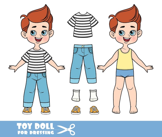 Cartoon boy dressed and clothes separately striped Tshirt blue jeans and orange sneakers doll for dressing