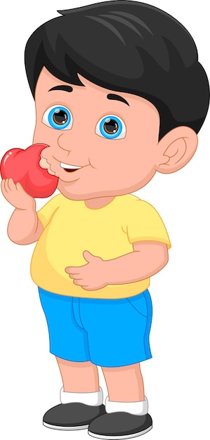 cartoon boy eating apple on white background