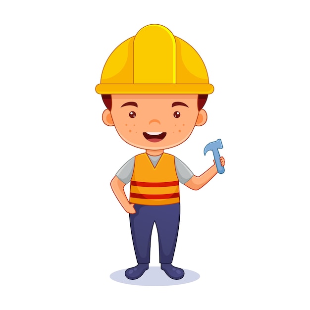 cartoon boy, Friendly handsome man in work outfit, holding hammer or gesturing with helmet