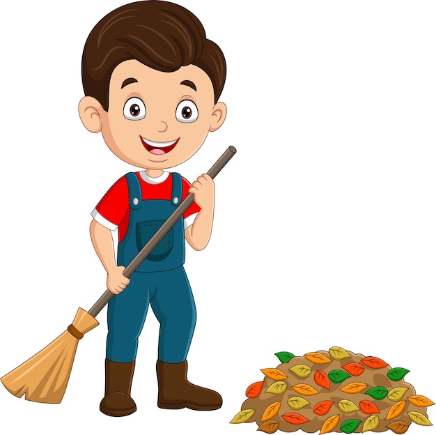 Cartoon boy gardener raking leaves