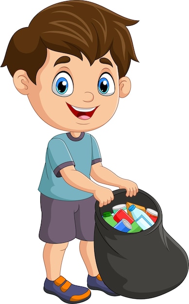 Cartoon boy gathering bottles into black plastic bag