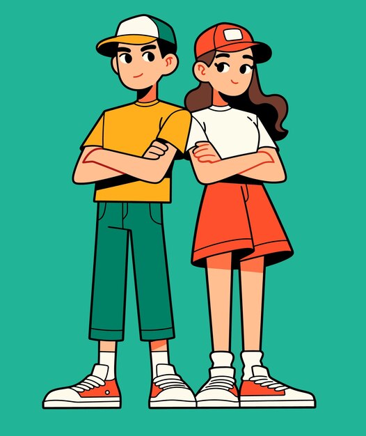 Vector cartoon boy and girl in casual outfits vector style