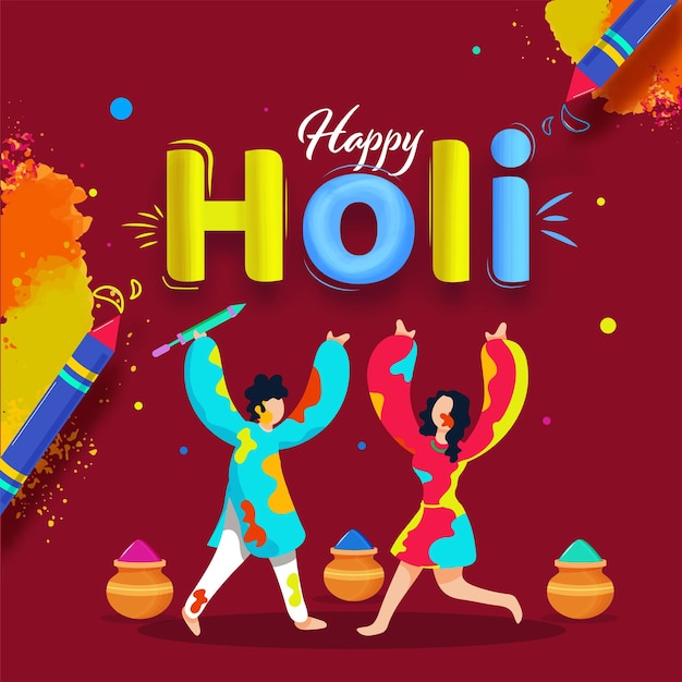 Cartoon Boy And Girl Celebrating Holi Together