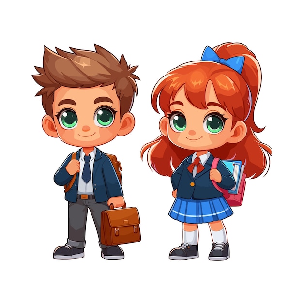 cartoon boy and girl in school uniform Vector illustration