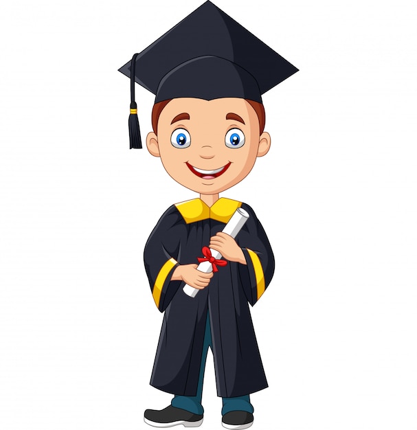 Cartoon boy in graduation costume holding a diploma