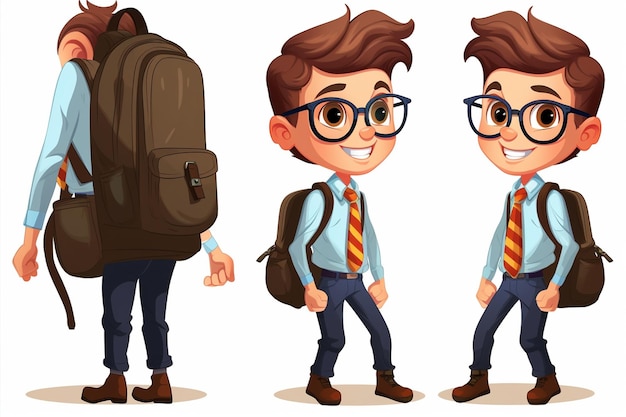 Cartoon Boy Holding Backpack with Tie