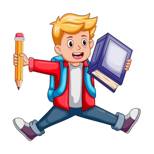 Cartoon boy holding book and pencil isolated on white background