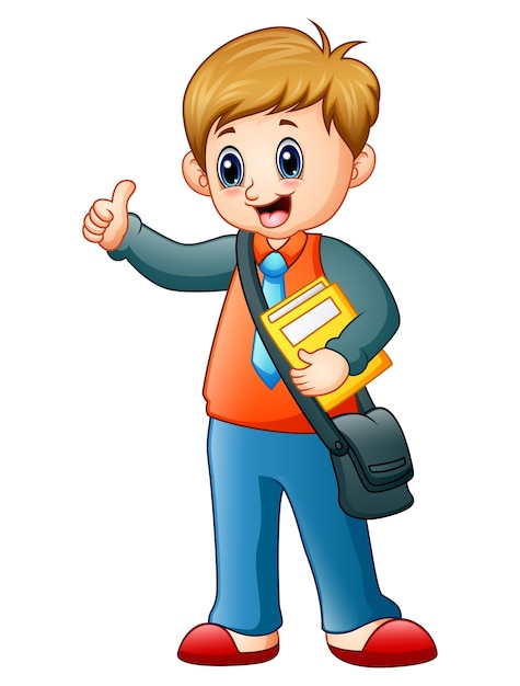 Cartoon boy holding a book with waving hand