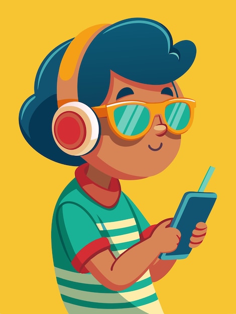 Vector a cartoon of a boy holding a phone and wearing headphones