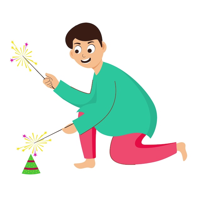 Cartoon Boy Holding Sparkling Stick With Fireworks Anar On White Background