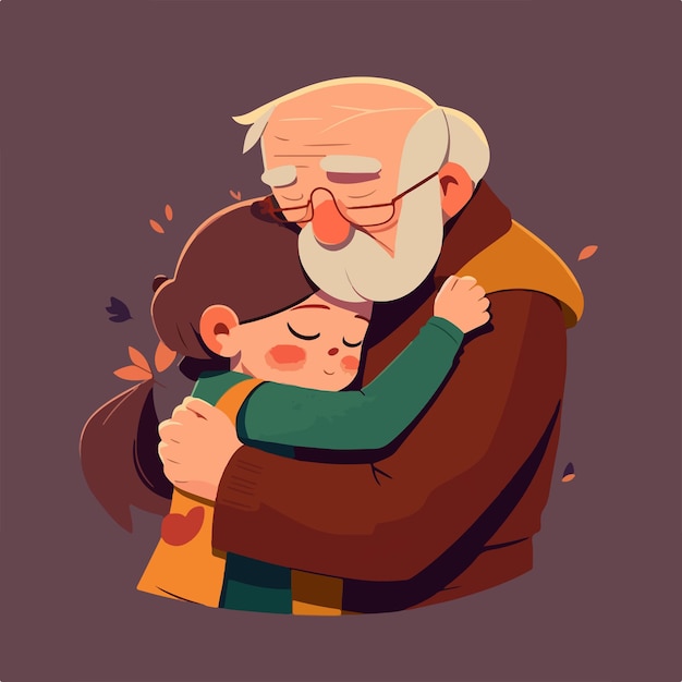 Vector a cartoon of a boy hugging his grandfather.