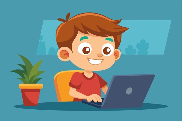 A cartoon boy is joyfully using his laptop while sitting at a desk in a colorful room boy cartoon character with laptop