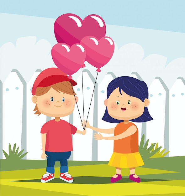 cartoon boy in love giving to his girlfriend heart balloons over white fence