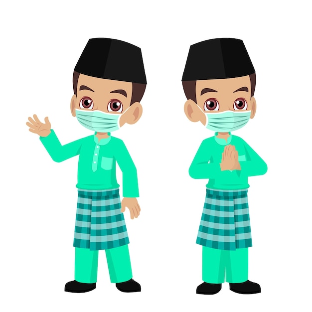 Cartoon Boy in Malay clothes wearing mask