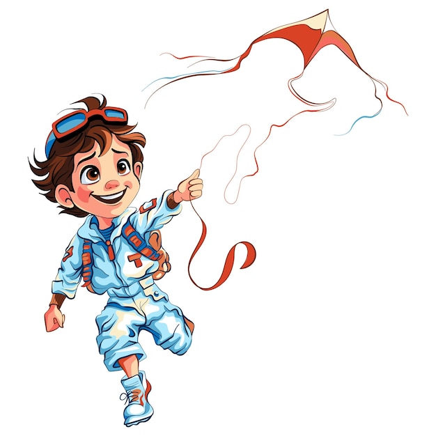 Cartoon boy in pilot suit runs flying kite with aviator goggles and happy smiling isolated vector