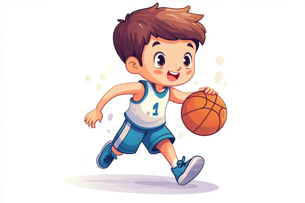 Cartoon Boy Playing Basketball Wearing Blue Uniform