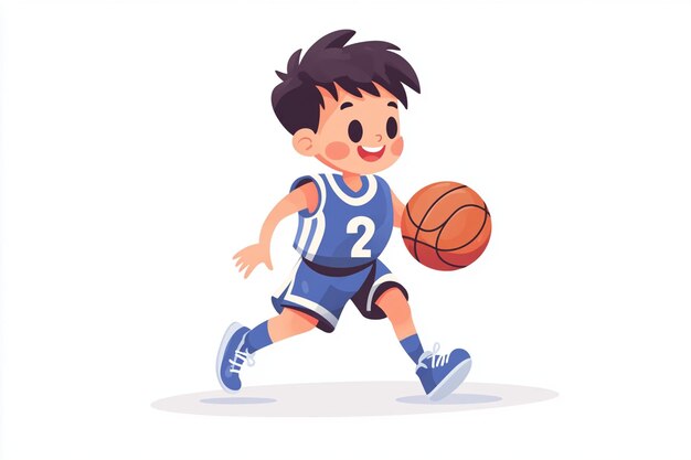 Vector cartoon boy playing basketball wearing blue uniform