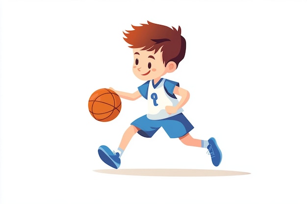 Cartoon Boy Playing Basketball Wearing Blue Uniform