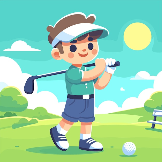 a cartoon of a boy playing golf with a ball and the sun in the background