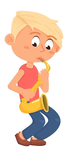 Cartoon boy playing saxophone. Music practice illustration