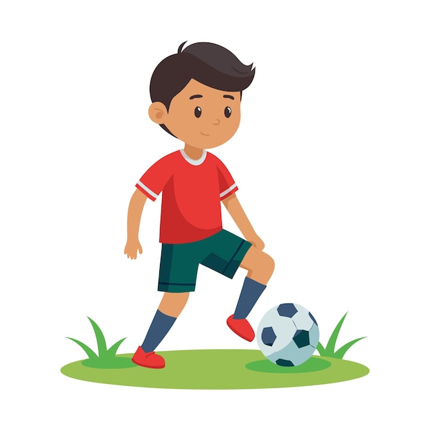 Cartoon Boy Playing Soccer on Green Field