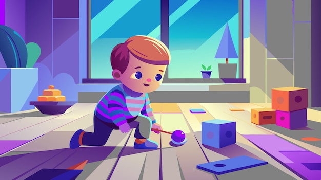 a cartoon boy playing with a ball and a box with a christmas tree in the background