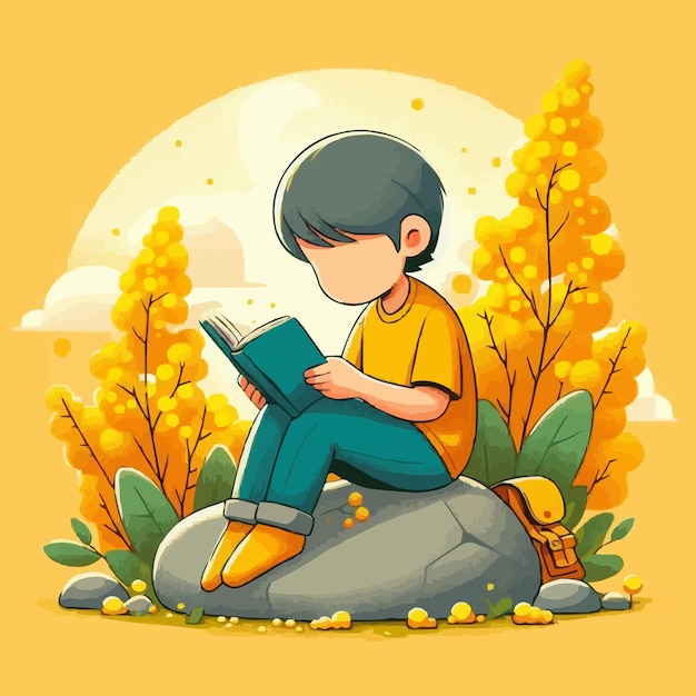 Vector a cartoon of a boy reading a book on the rock