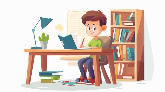 Vector a cartoon of a boy reading a book in a room with books and a book called a child