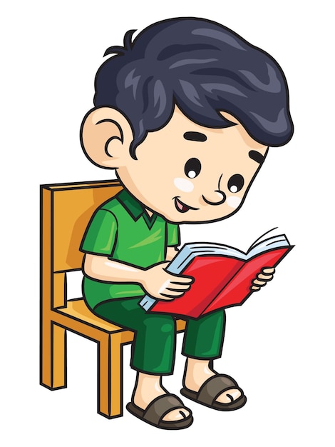 Cartoon boy reading a book while sitting on a chair