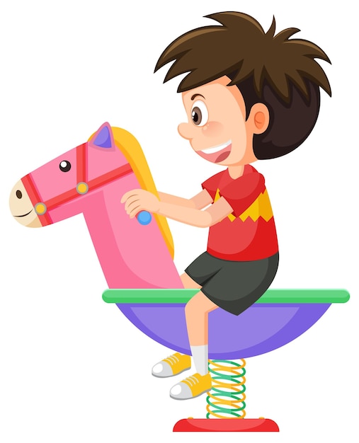 Cartoon boy riding on spring rocking horse