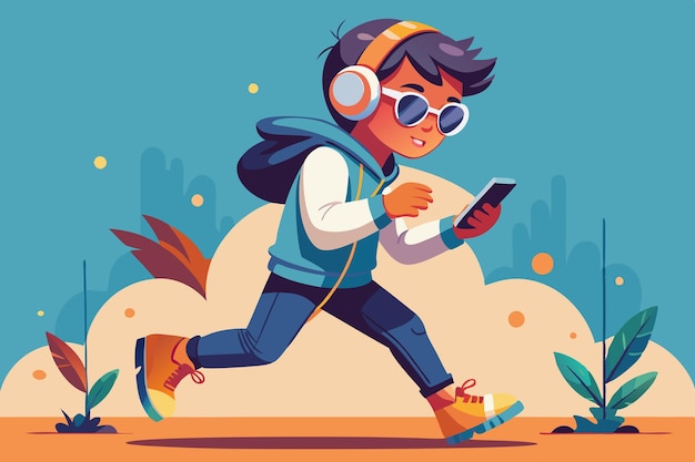 Vector a cartoon of a boy running with headphones and a scarf