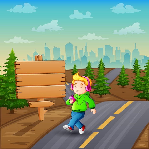 Cartoon of boy running with music player