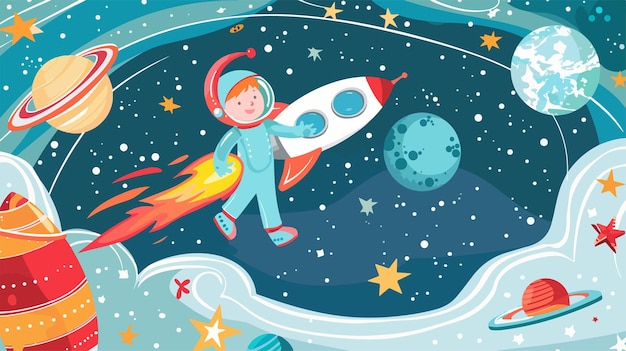 Vector a cartoon of a boy in a space suit with a rocket on the top