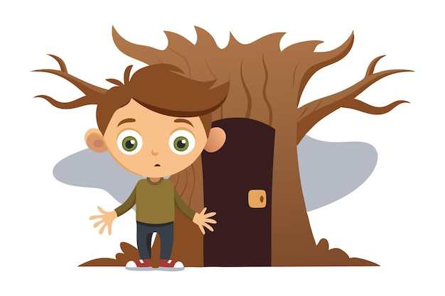 Vector cartoon boy standing confused in front of tree house with door