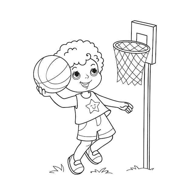 Cartoon boy throws the ball into the basket Coloring book for children with a basketball player