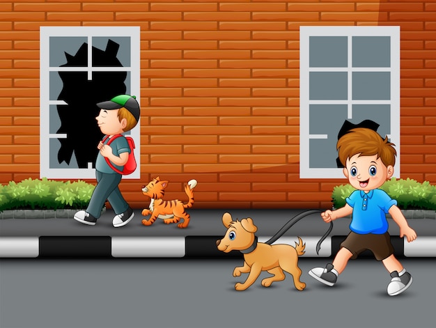 Cartoon a boy walking on the road with his pet