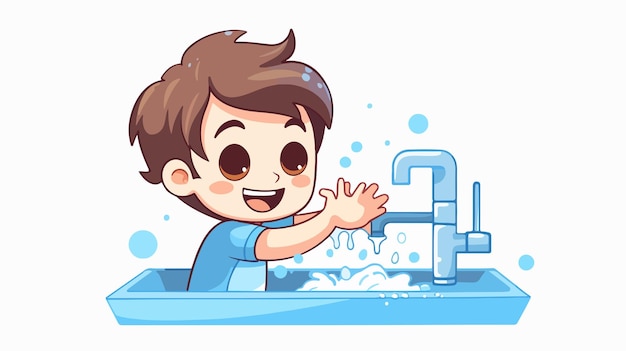 Vector a cartoon of a boy washing his hands in a bathtub