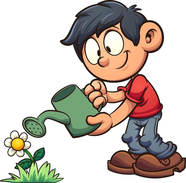 Cartoon boy watering a flower