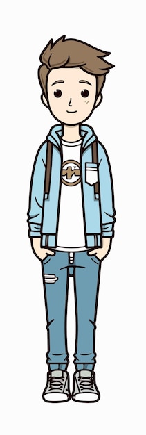 A cartoon of a boy wearing a blue jacket and jeans.