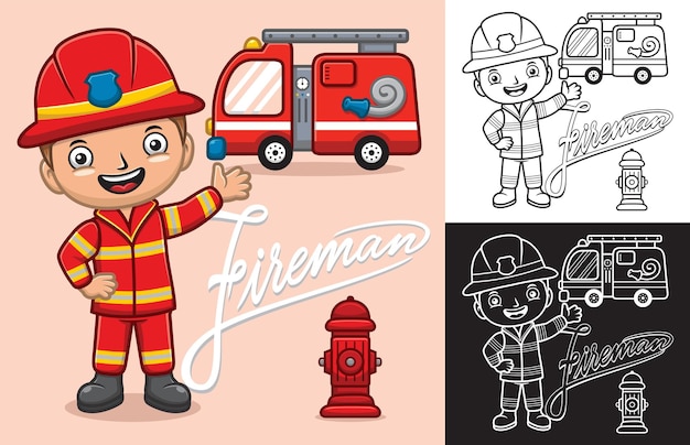 Cartoon boy wearing fireman uniform with firetruck and fire hydrant