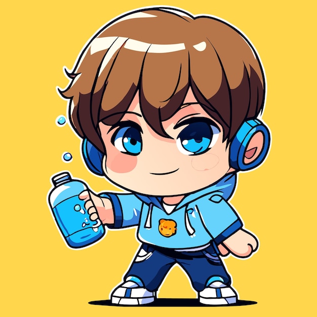 Vector a cartoon of a boy wearing headphones and holding a bottle of water