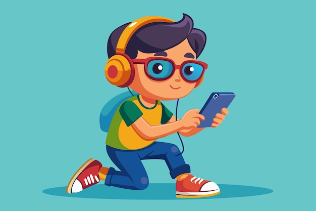 Vector a cartoon of a boy wearing headphones and holding a smart phone