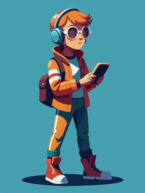 a cartoon of a boy with a backpack and headphones